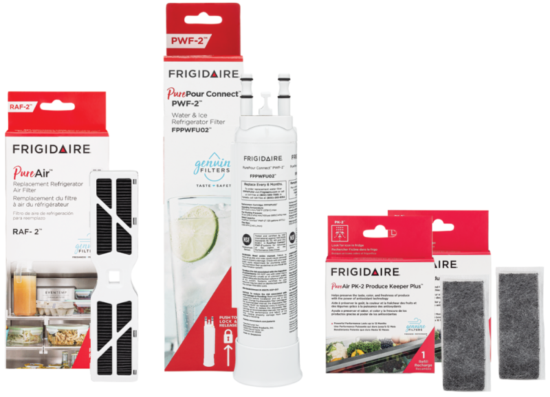 FPPWFU02, FRGPAAF2, and (2) FRPAPK2RF Water and Air Filter Combo Kit with Produce Keeper Plus FRIGCOMBO8