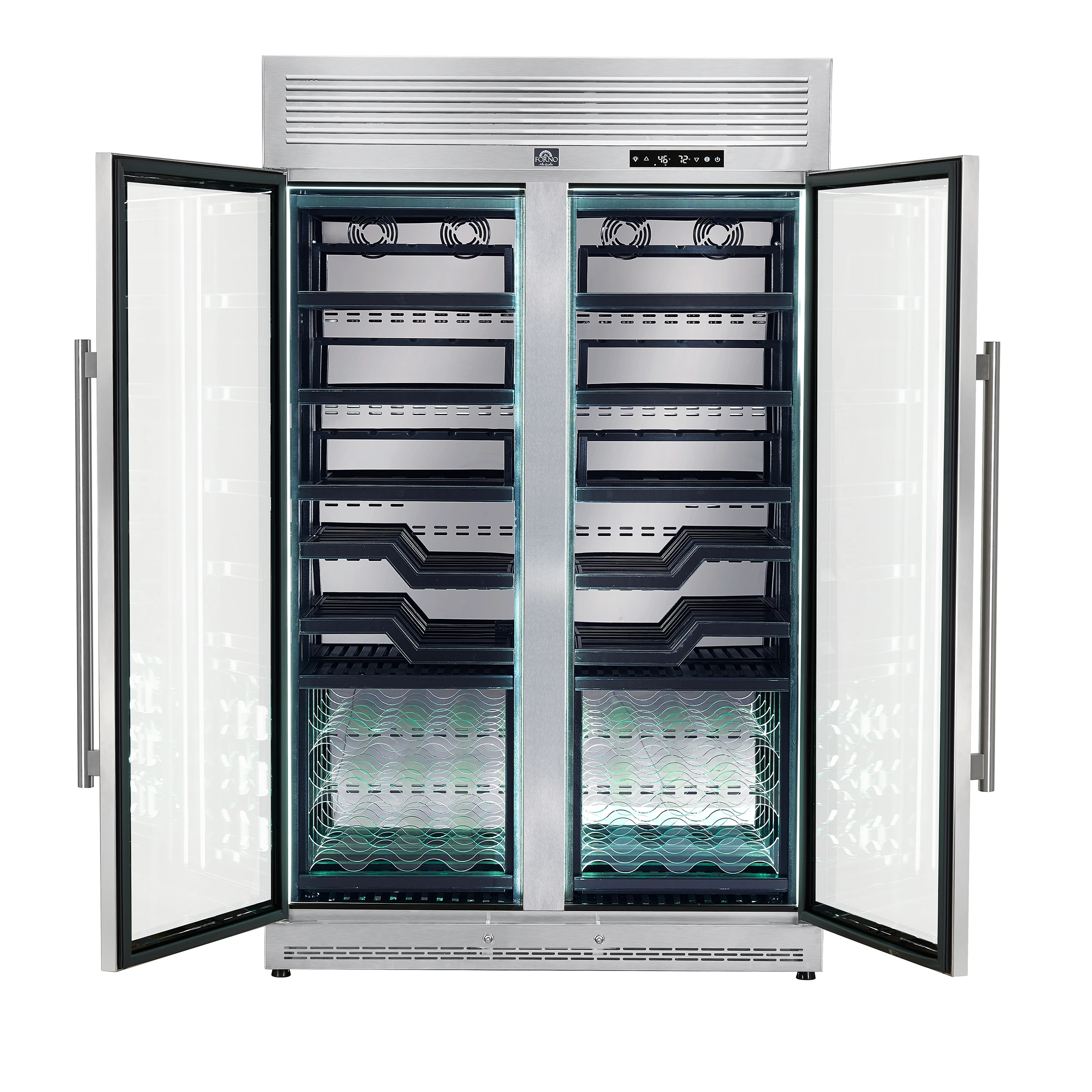 Abruzzo 48-Inch Dual Zones Wine Cellar, 102 Bottles, 24 cu. ft., Green Acrylic Holders & Black Shelves FWCDR661048S