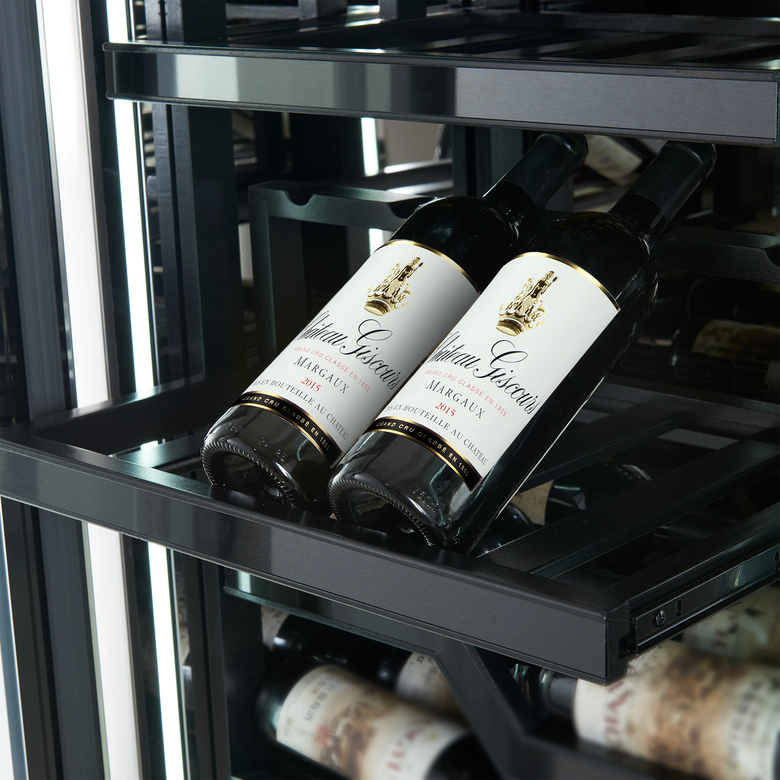 Abruzzo 48-Inch Dual Zones Wine Cellar, 102 Bottles, 24 cu. ft., Green Acrylic Holders & Black Shelves FWCDR661048S