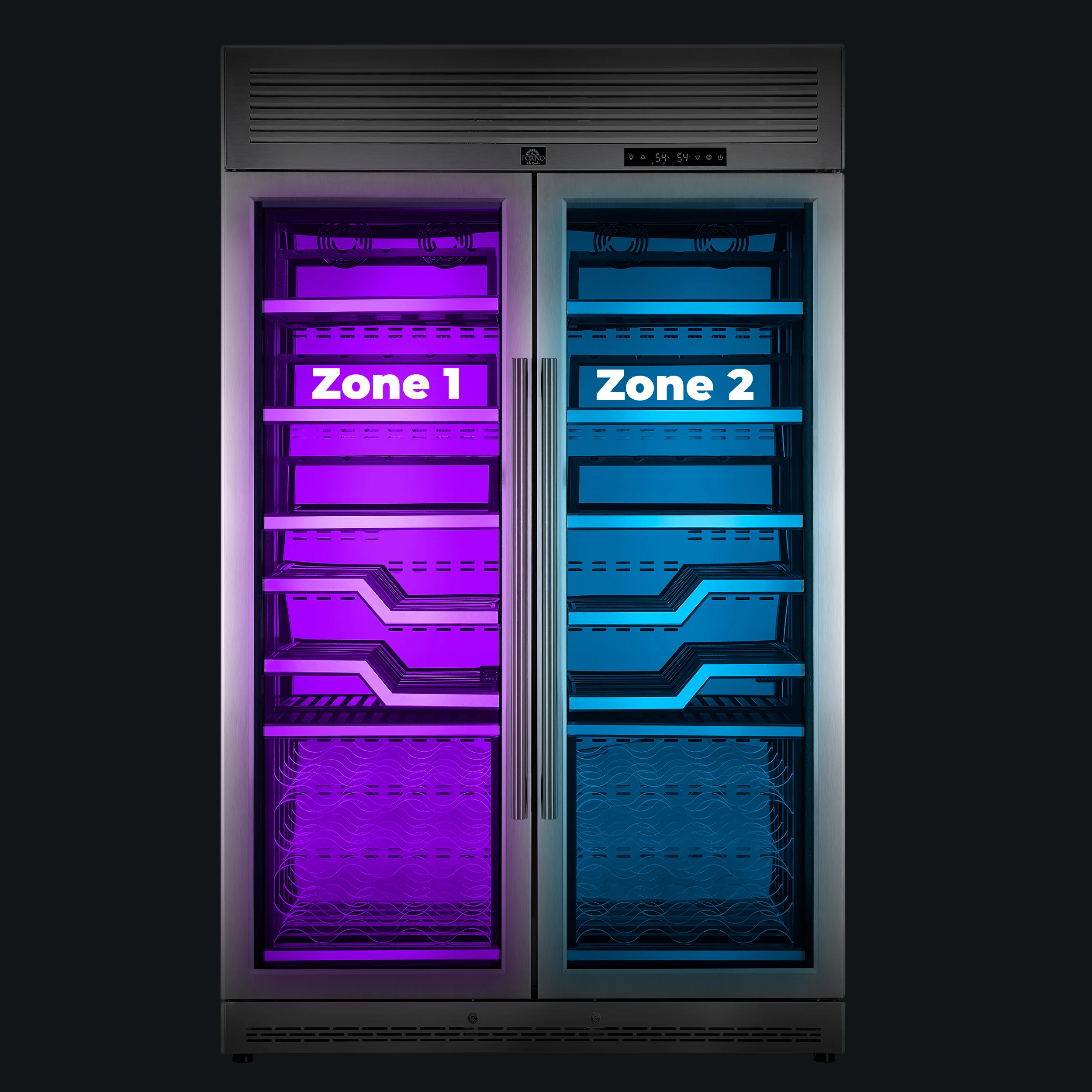 Abruzzo 48-Inch Dual Zone Wine Cellar, 102 Bottles, 24 cu. ft., Clear Acrylic Holders & Stainless Trim Shelves FWCDR661148S