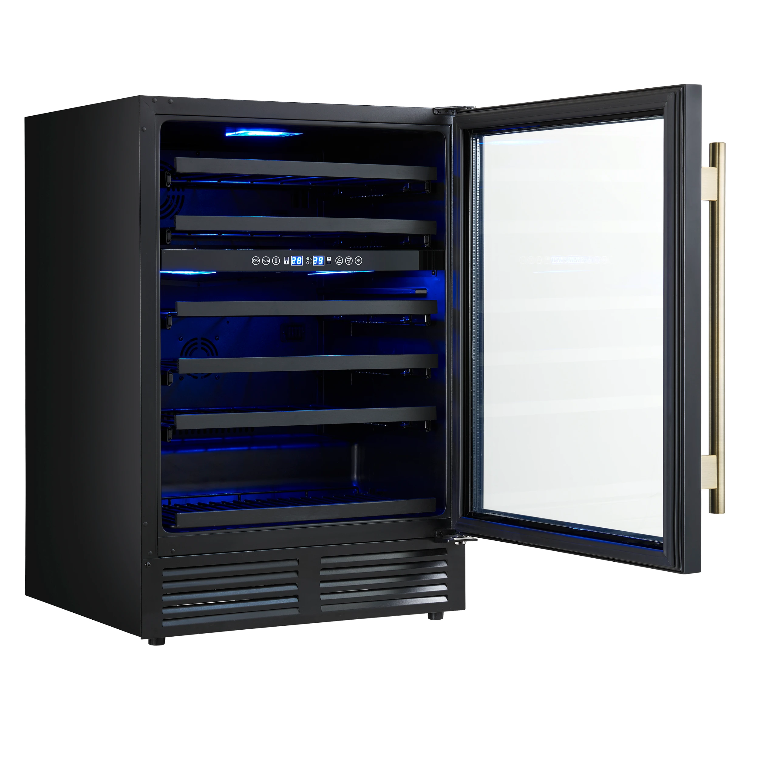 Bacchino 24 Inch Wine Cooler, Black with Antique Brass Handles, with LED Lighting, Triple Glass Door, 51 Bottle Capacity, Built-In or Freestanding FWCDR663424BLK