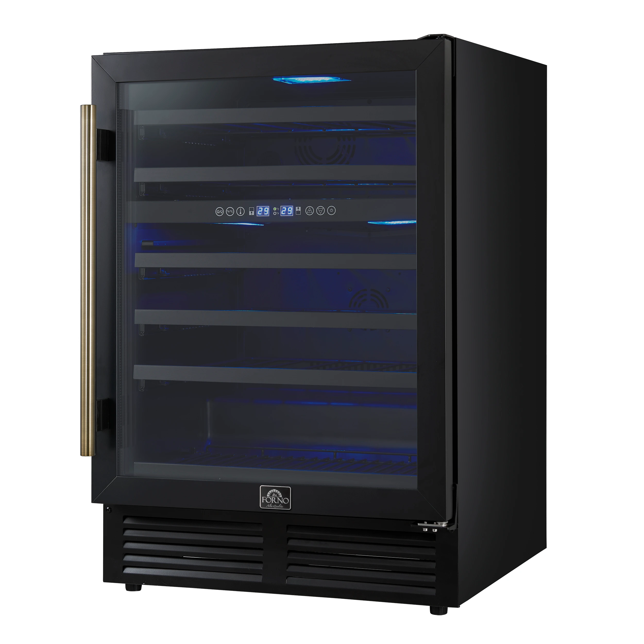 Bacchino 24 Inch Wine Cooler, Black with Antique Brass Handles, with LED Lighting, Triple Glass Door, 51 Bottle Capacity, Built-In or Freestanding FWCDR663424BLK