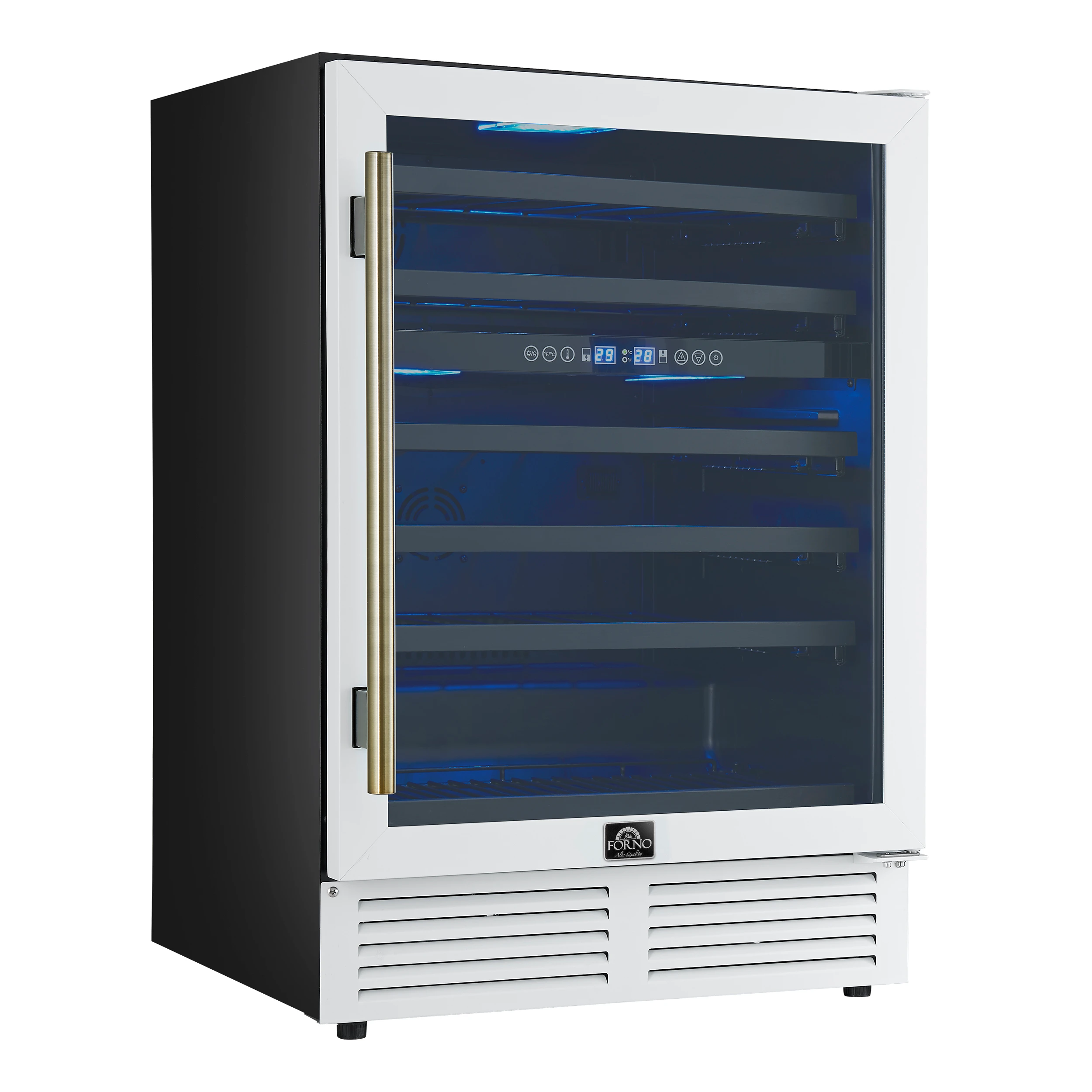 Bacchino 24 Inch Wine Cooler, White with Antique Brass Handles, with LED Lighting, Triple Glass Door, 51 Bottle Capacity, Built-In or Freestanding FWCDR663424WHT