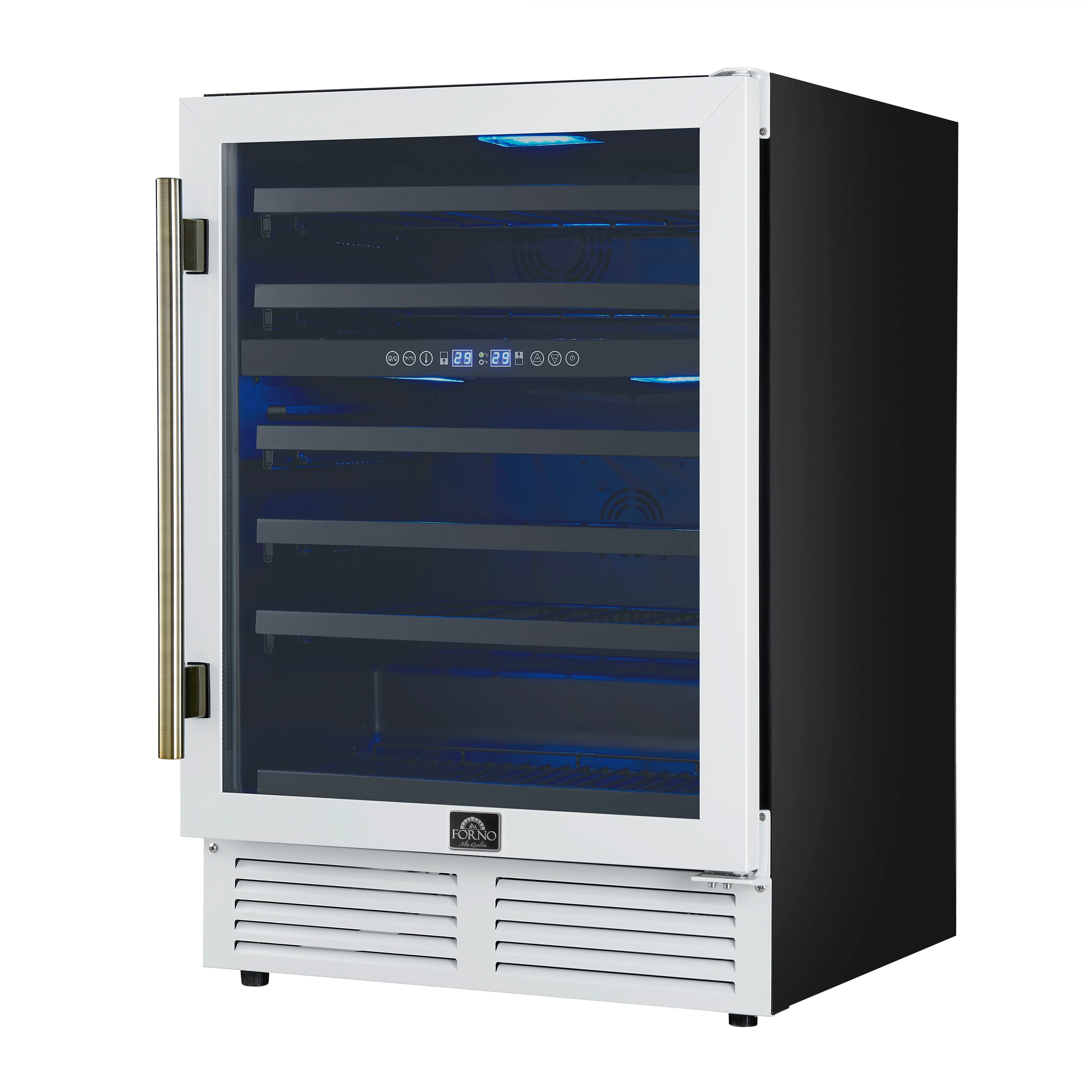 Bacchino 24 Inch Wine Cooler, White with Antique Brass Handles, with LED Lighting, Triple Glass Door, 51 Bottle Capacity, Built-In or Freestanding FWCDR663424WHT