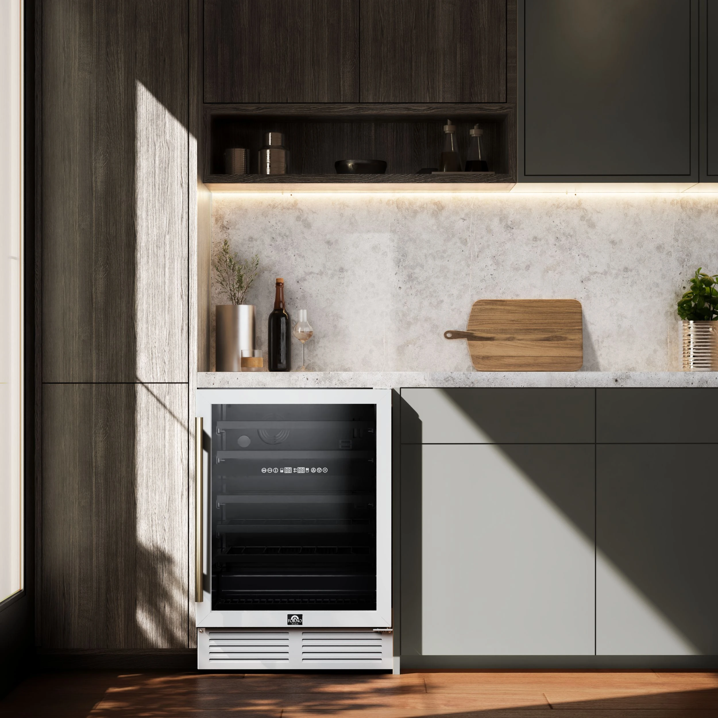 Bacchino 24 Inch Wine Cooler, White with Antique Brass Handles, with LED Lighting, Triple Glass Door, 51 Bottle Capacity, Built-In or Freestanding FWCDR663424WHT