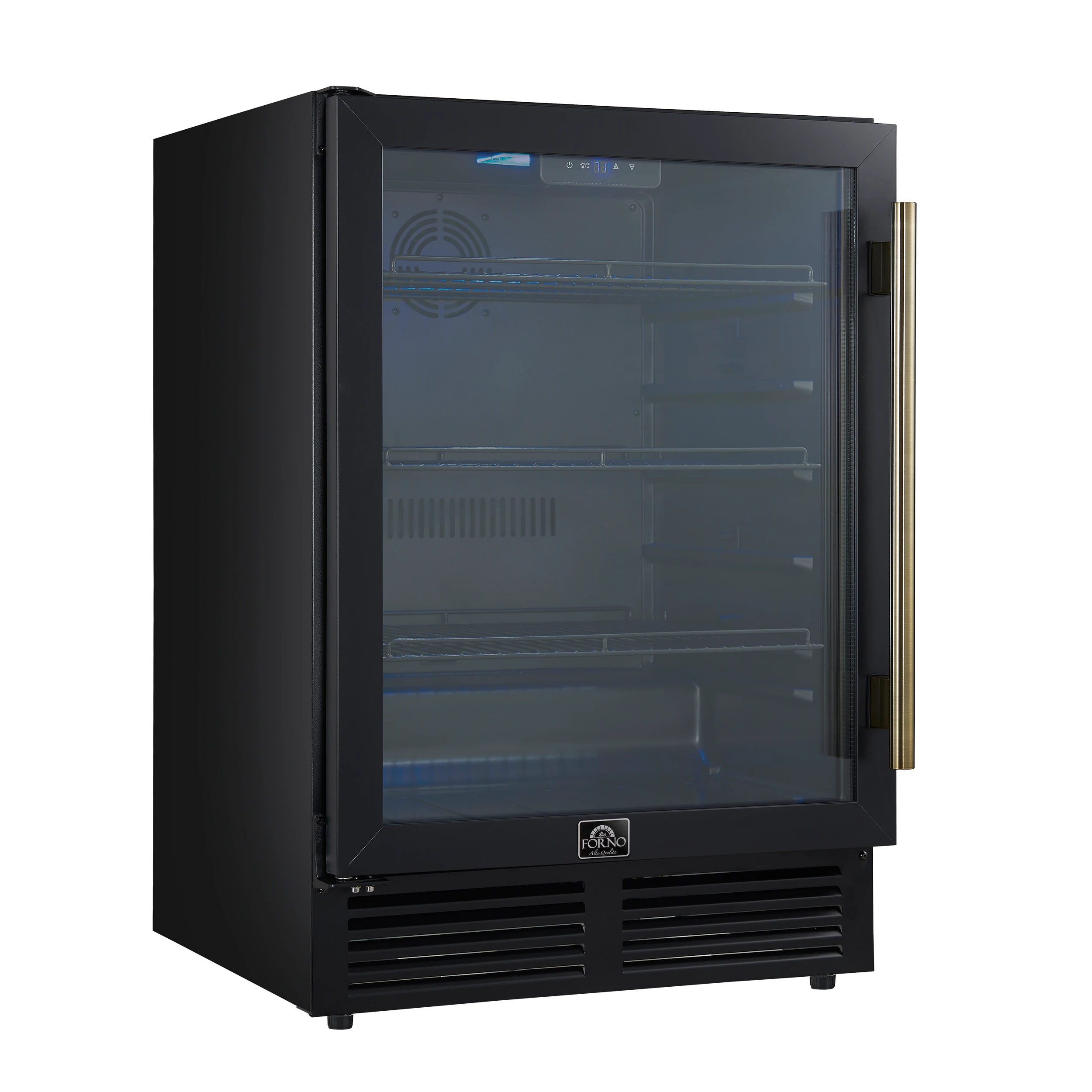 Frescolino 24 Inch Beverage Cooler, Black with Antique Brass Handles, with LED Lighting, Triple Glass Door, 188 Can Capacity, Built-In or Freestanding FWCDR666524BLK