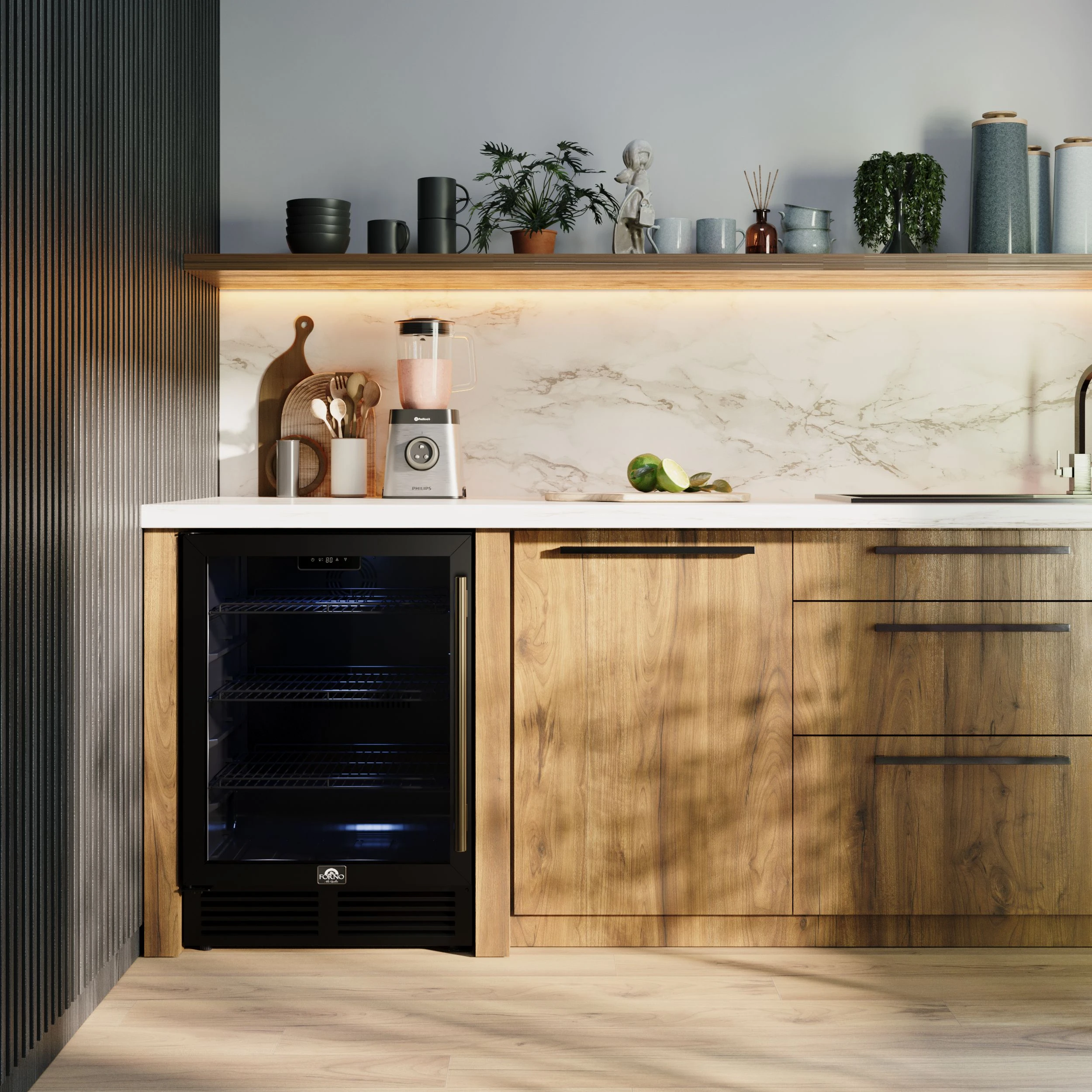 Frescolino 24 Inch Beverage Cooler, Black with Antique Brass Handles, with LED Lighting, Triple Glass Door, 188 Can Capacity, Built-In or Freestanding FWCDR666524BLK