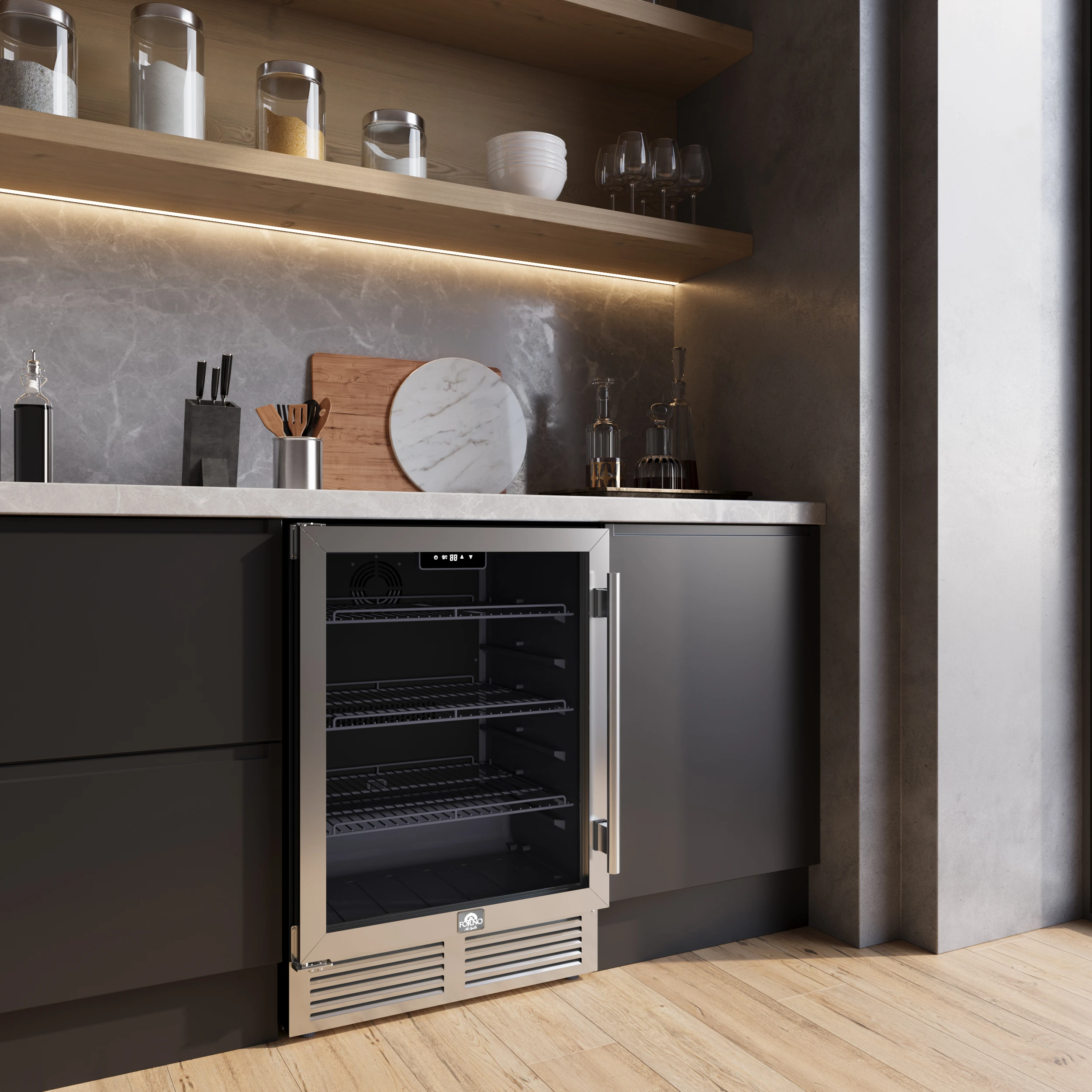 Frescolino 24 Inch Beverage Cooler, Stainless Steel, with LED Lighting, Triple Glass Door, 188 Can Capacity, Built-In or Freestanding FWCDR666524S