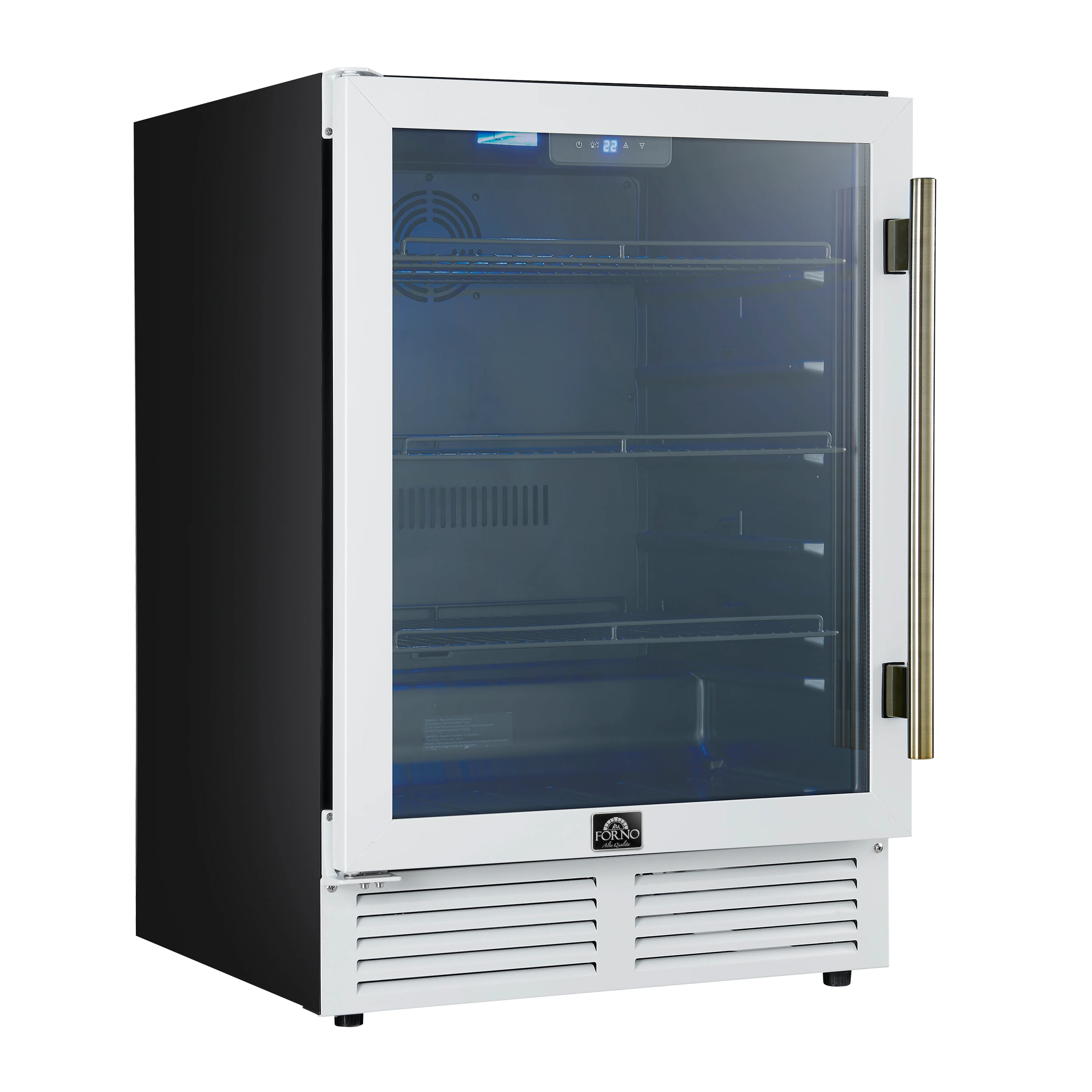 Frescolino 24 Inch Beverage Cooler, White with Antique Brass Handles, with LED Lighting, Triple Glass Door, 188 Can Capacity, Built-In or Freestanding FWCDR666524WHT