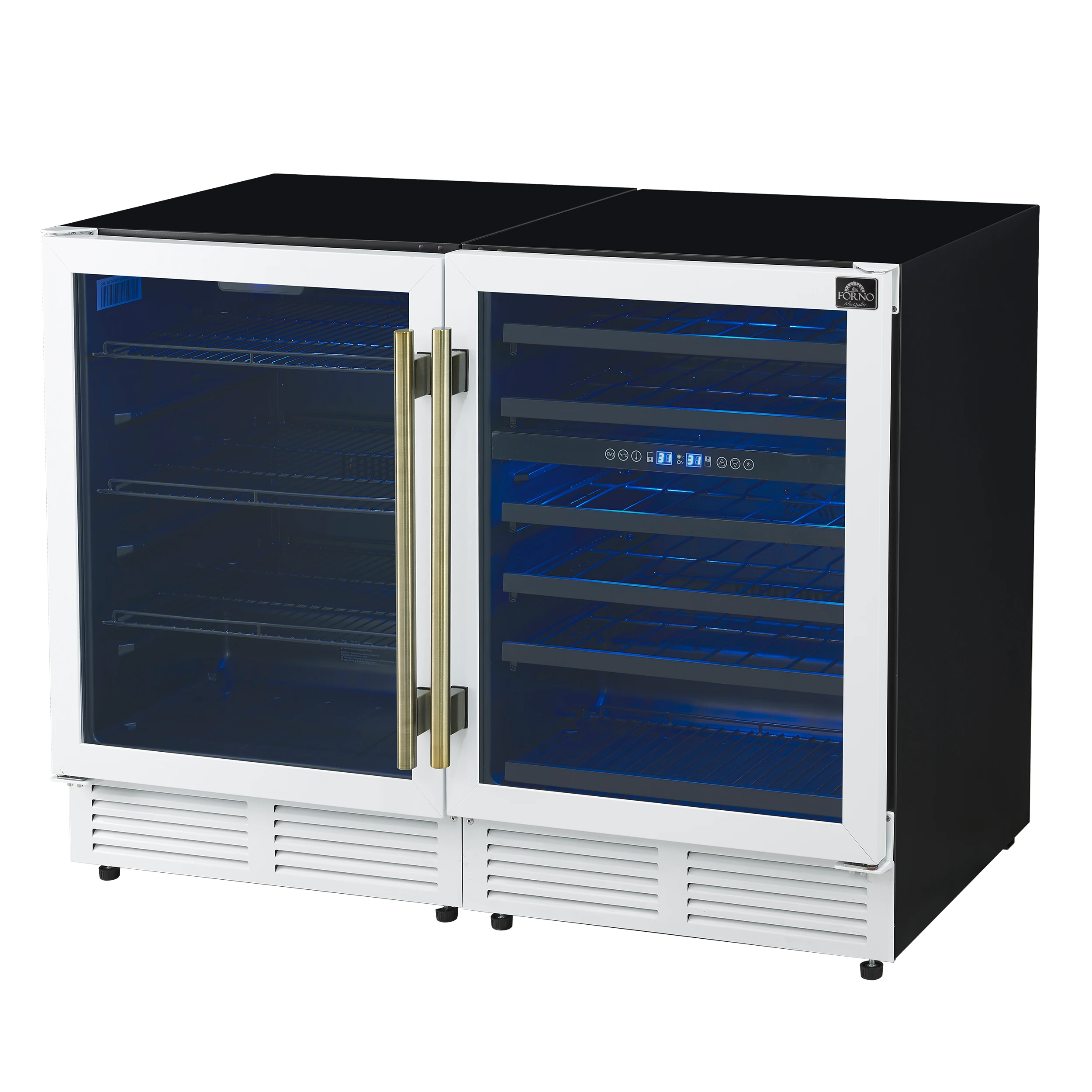 Gemello 48 Inch Side-by-Side Wine and Beverage Cooler in White with Antique Brass Handles, French Door, 9.6 cu. ft. FWCDR669948WHT