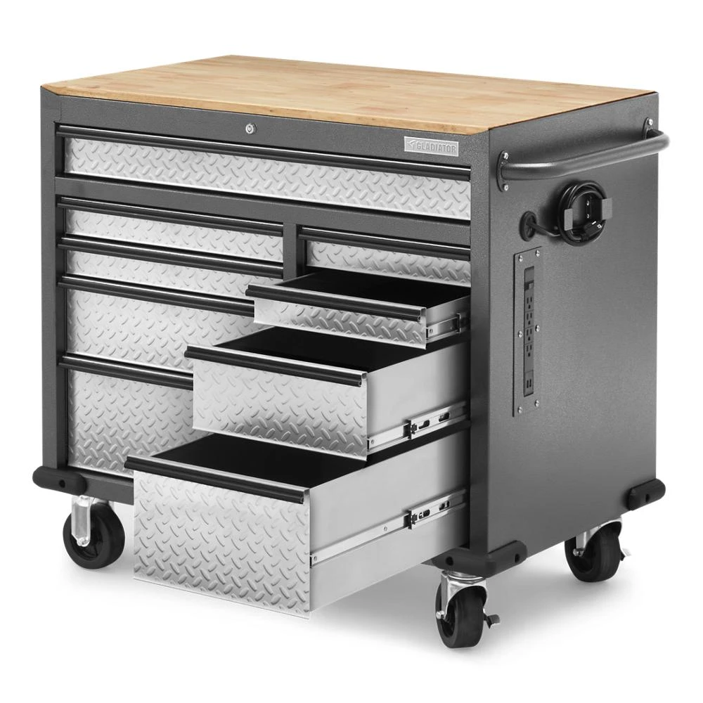 Premier 41 inch 9-drawer Mobile Tool Workbench with Solid Wood Top GAMT41HWJG