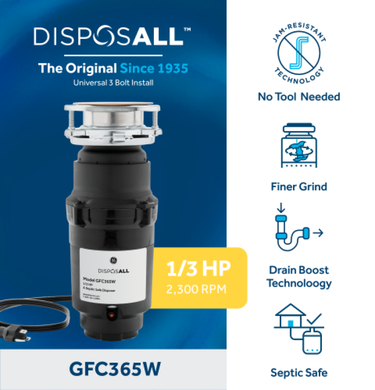 Disposall® 1/3 Hp Continuous Feed Garbage Disposer - Corded GFC365W