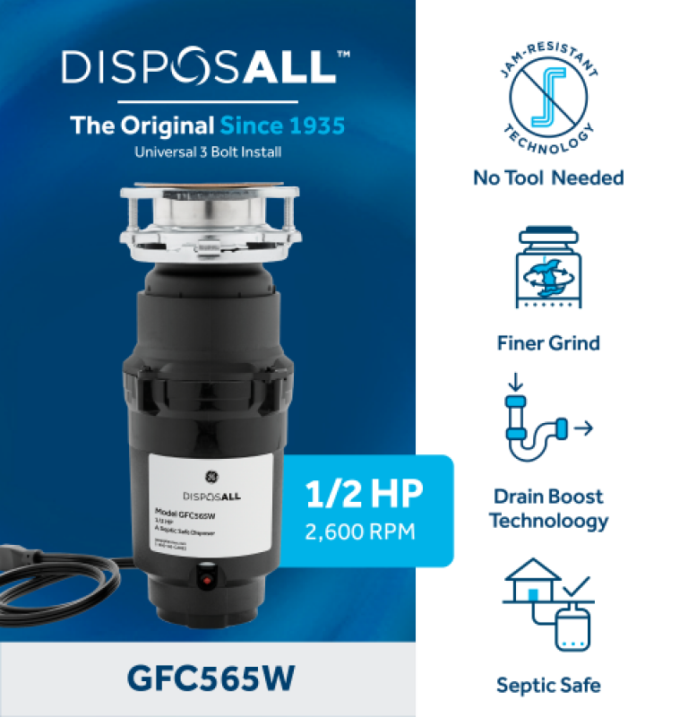 Disposall® 1/2 Hp Continuous Feed Garbage Disposer Corded GFC565W