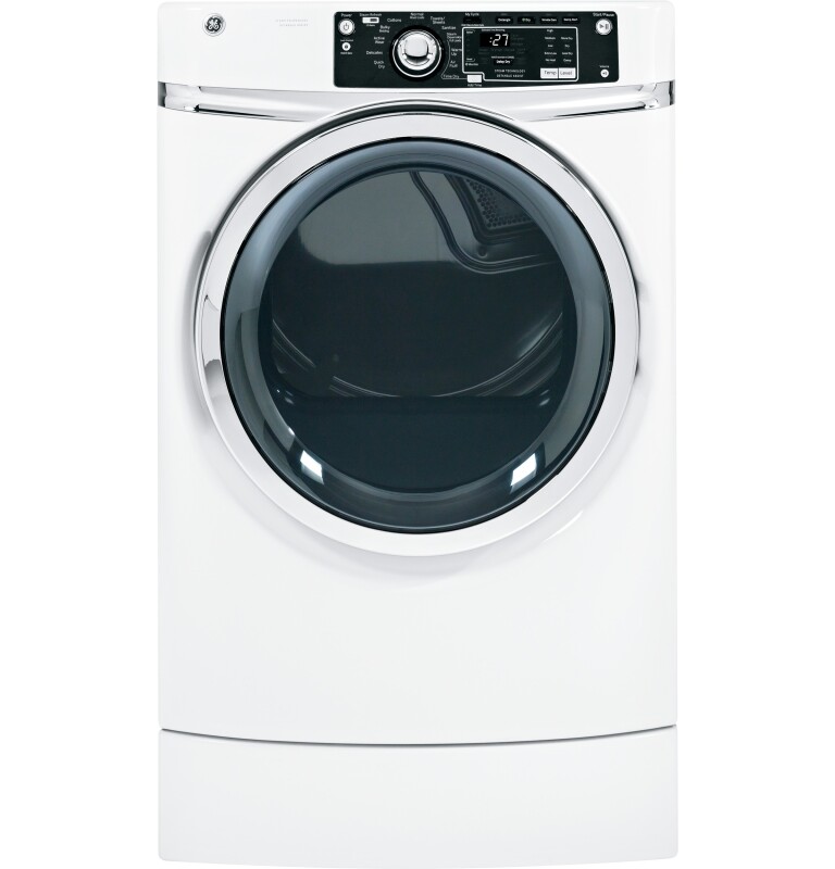 8.1 cu. ft. capacity RightHeight Design Front Load electric dryer with steam GFDR270EHWW