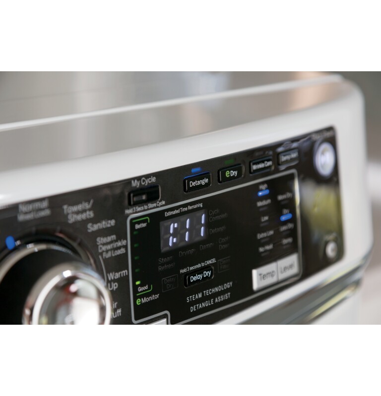 8.1 cu. ft. capacity RightHeight Design Front Load electric dryer with steam GFDR270EHWW