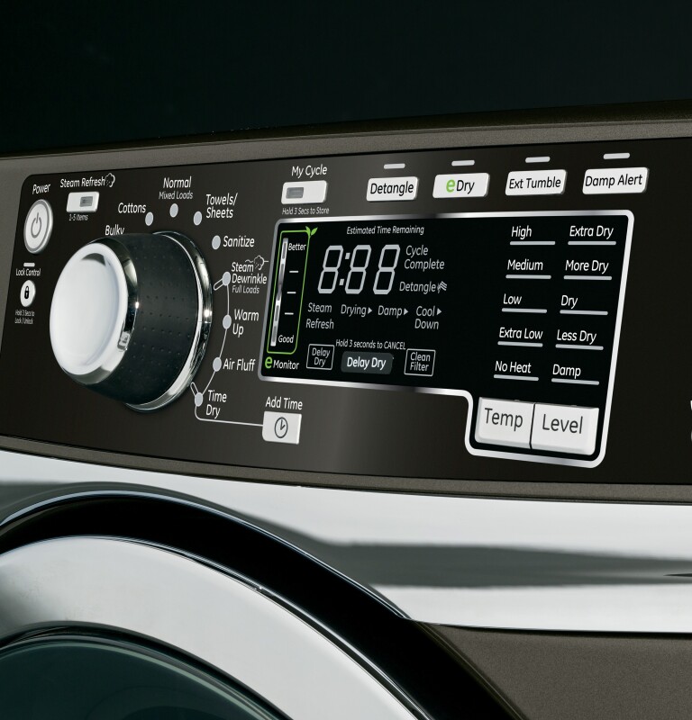 8.3 cu. ft. capacity RightHeight Design Front Load electric dryer with steam GFDR485EFMC