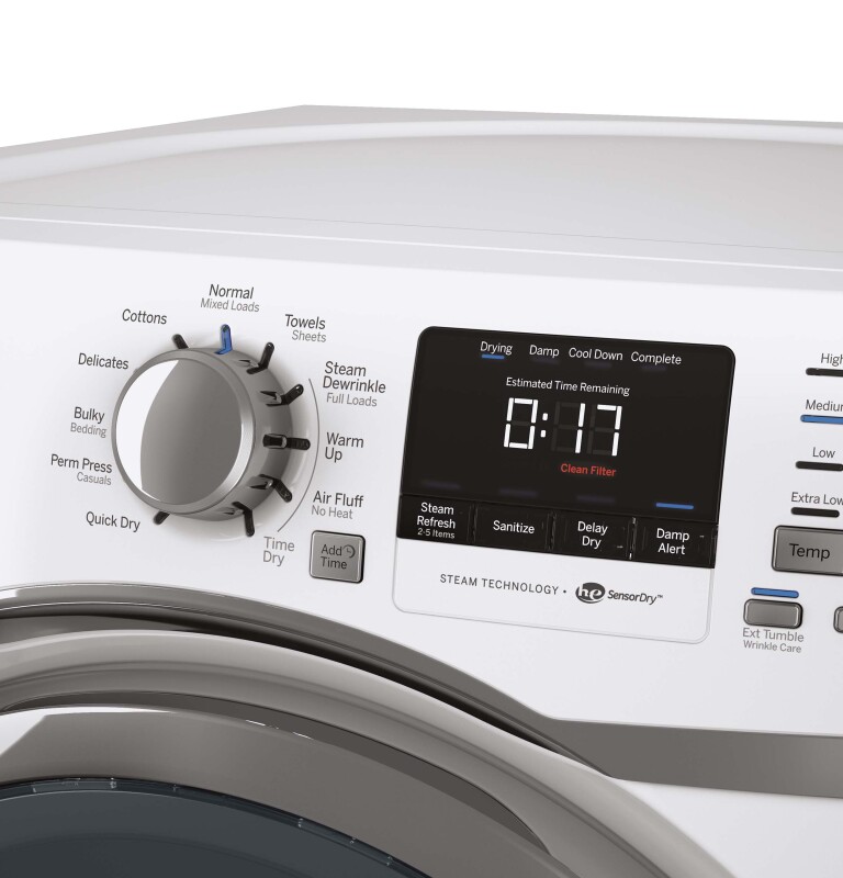 7.5 cu. ft. capacity frontload dryer with steam GFDS170GHWW