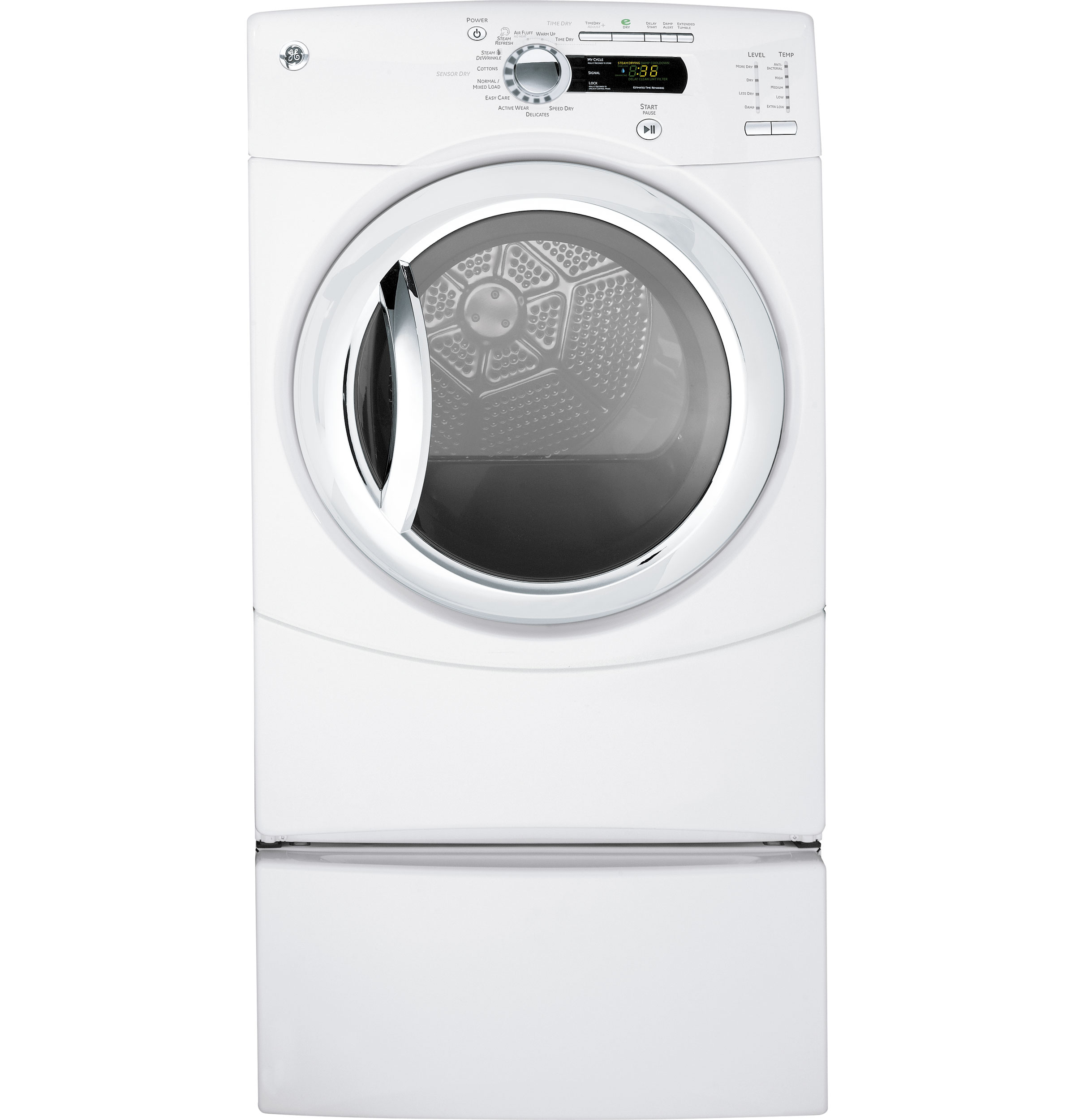 7.5 cu. ft. stainless steel capacity frontload dryer with Steam GFDS350ELWW