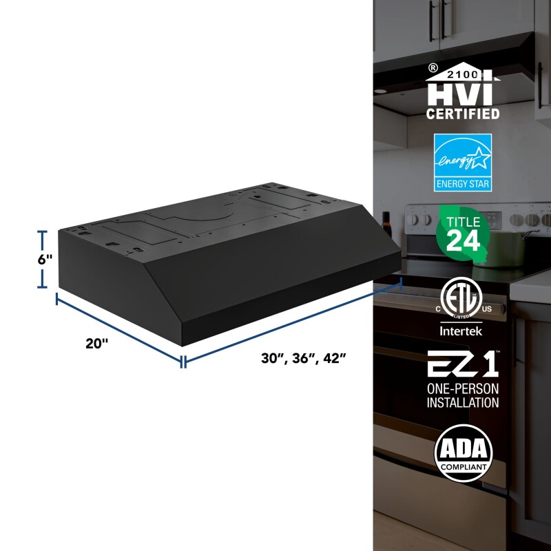 Glacier 42Inch 350 MAX Blower CFM 1.5 Sones Black Range Hood GLA1423BL