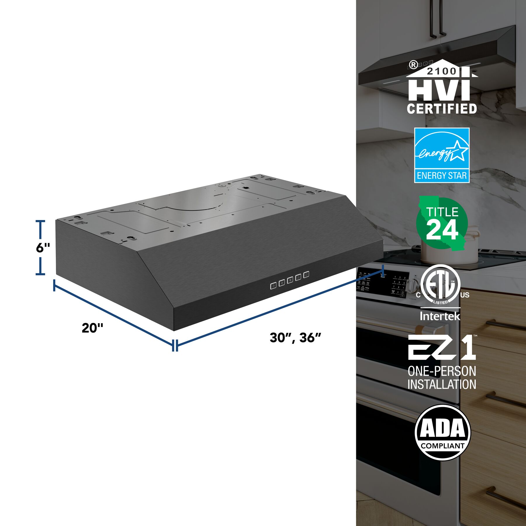 Glacier 36Inch 350 MAX Blower CFM 1.5 Sones Black Stainless Range Hood GLA2363BLS