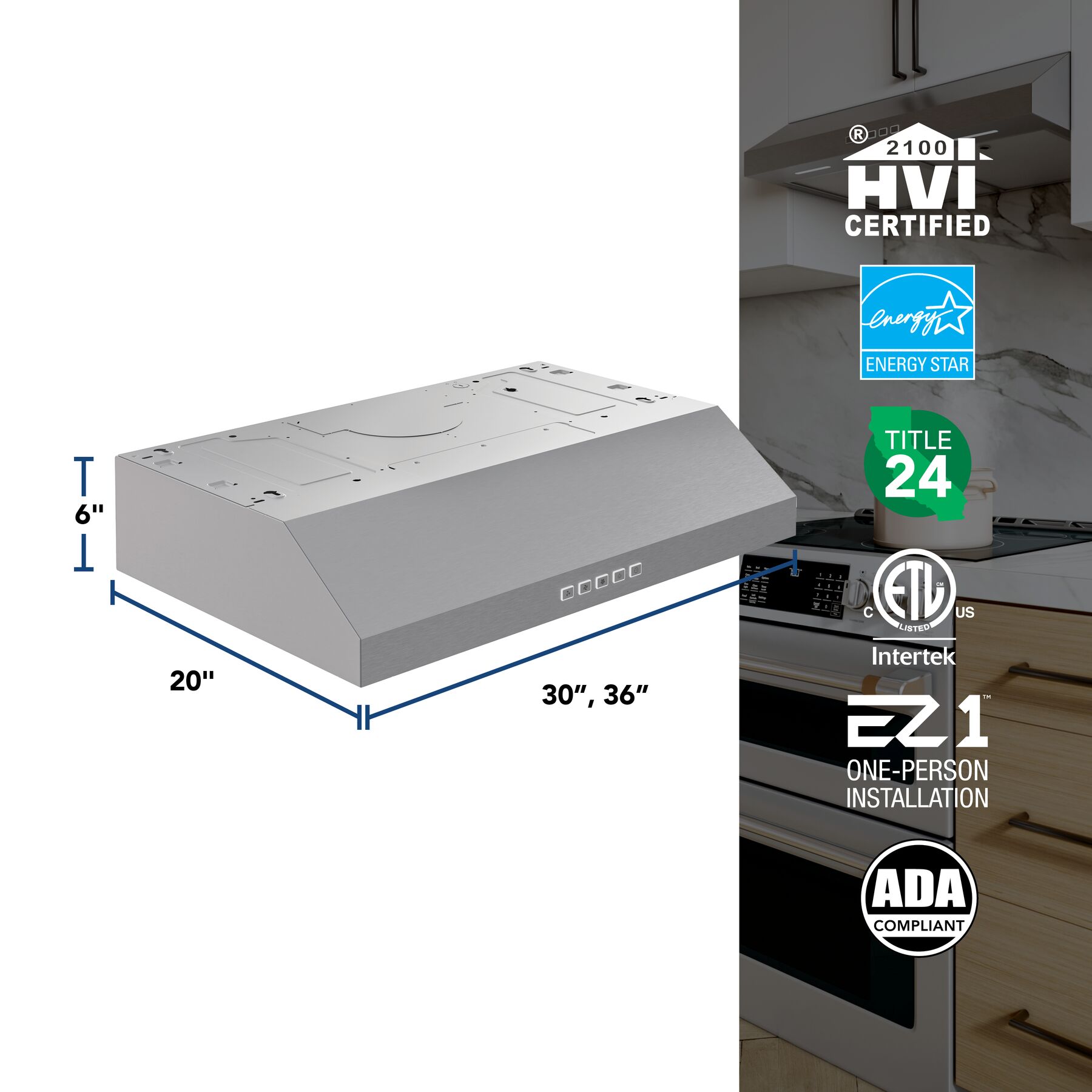 Glacier 36Inch 350 MAX Blower CFM 1.5 Sones Stainless Range Hood GLA2363SS