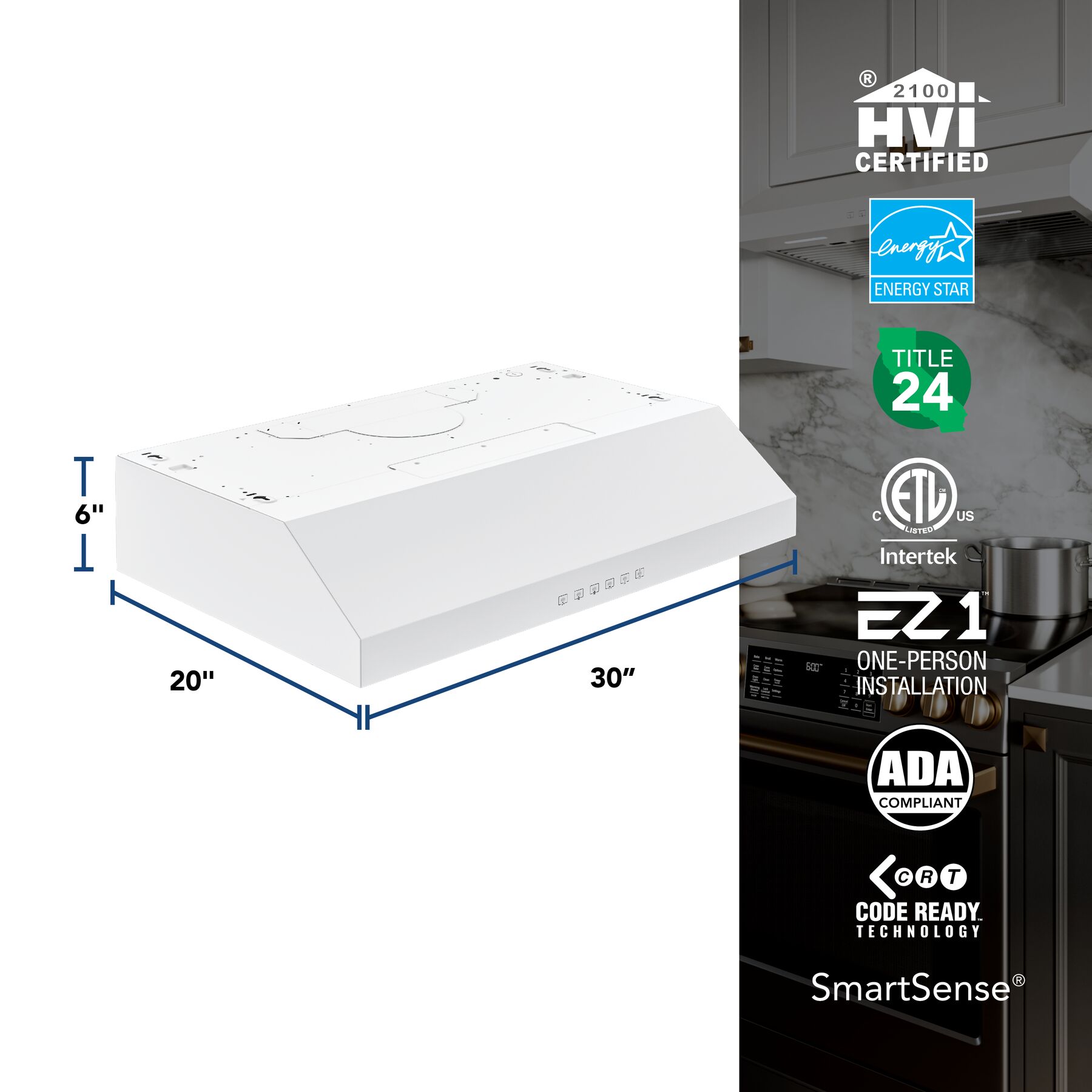 Glacier 30Inch 490 MAX Blower CFM 1.0 Sones White Range Hood GLA3304WW