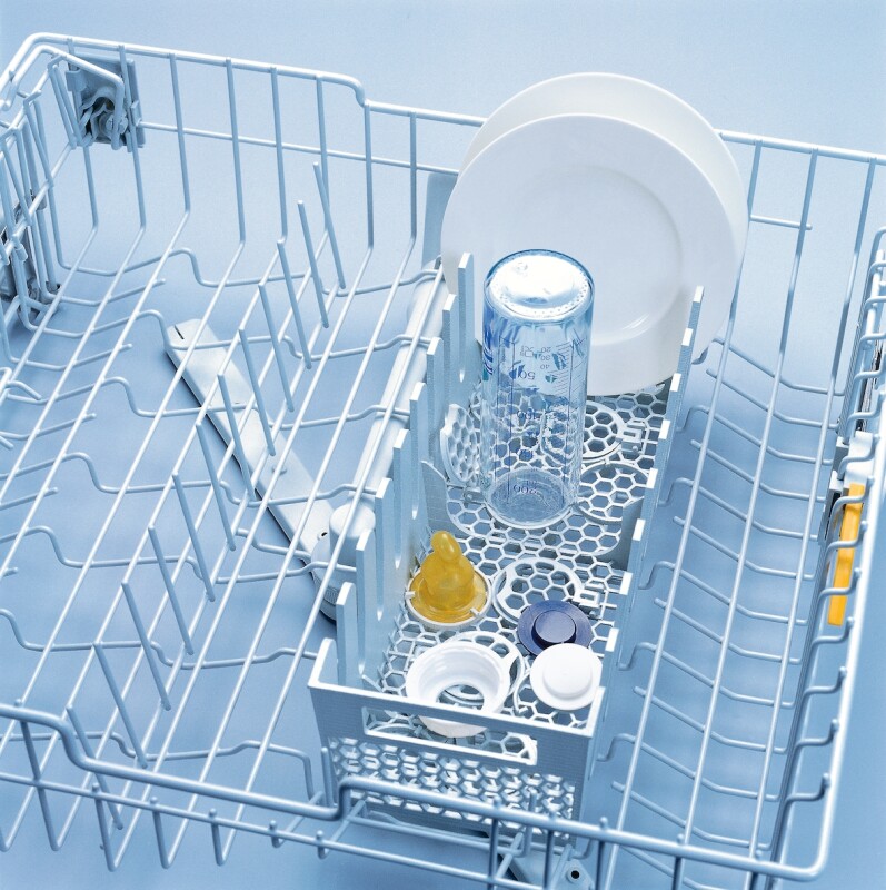 Multi‑purpose dishwasher basket with separate areas for baby bottles and small items. GMFO