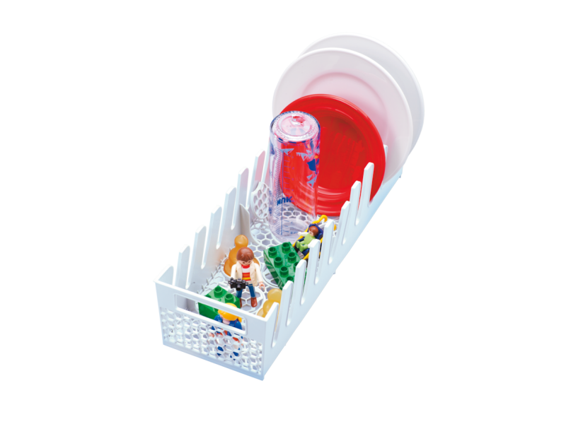 Multi‑purpose dishwasher basket with separate areas for baby bottles and small items. GMFO