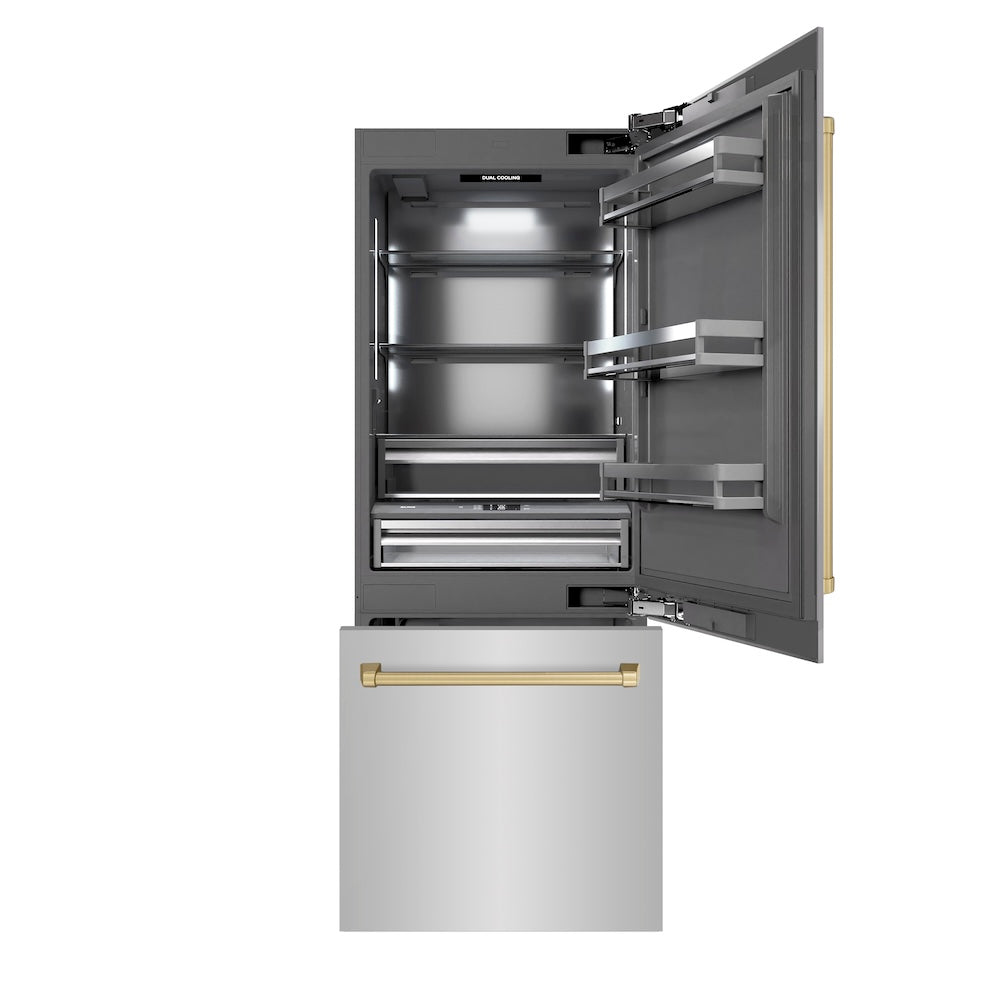 ZLINE Autograph Edition 30 in. 16.1 cu. ft. Built-In Bottom Freezer Refrigerator with Water Dispenser and Ice Maker in Stainless Steel with Graphite Gray Interior and Champagne Bronze Accents