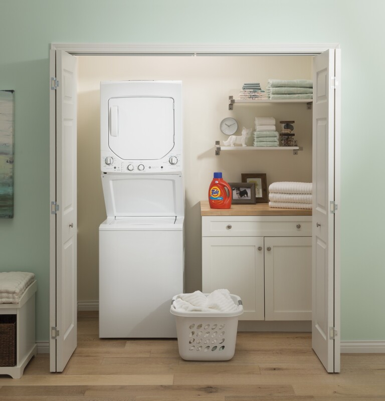 Unitized Spacemaker 2.3 cu. ft. Capacity Washer with Stainless Steel Basket and 4.4 cu. ft. Capacity Electric Dryer GUD24ESSMWW