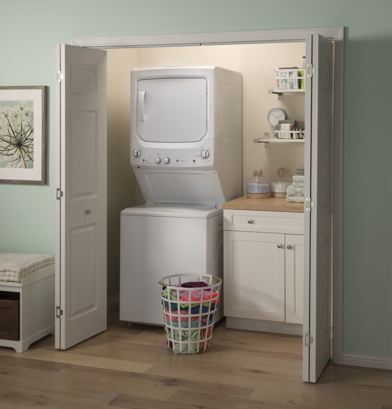 Unitized Spacemaker 3.8 cu. ft. Capacity Washer with Stainless Steel Basket and 5.9 cu. ft. Capacity Electric Dryer GUD27ESSMWW