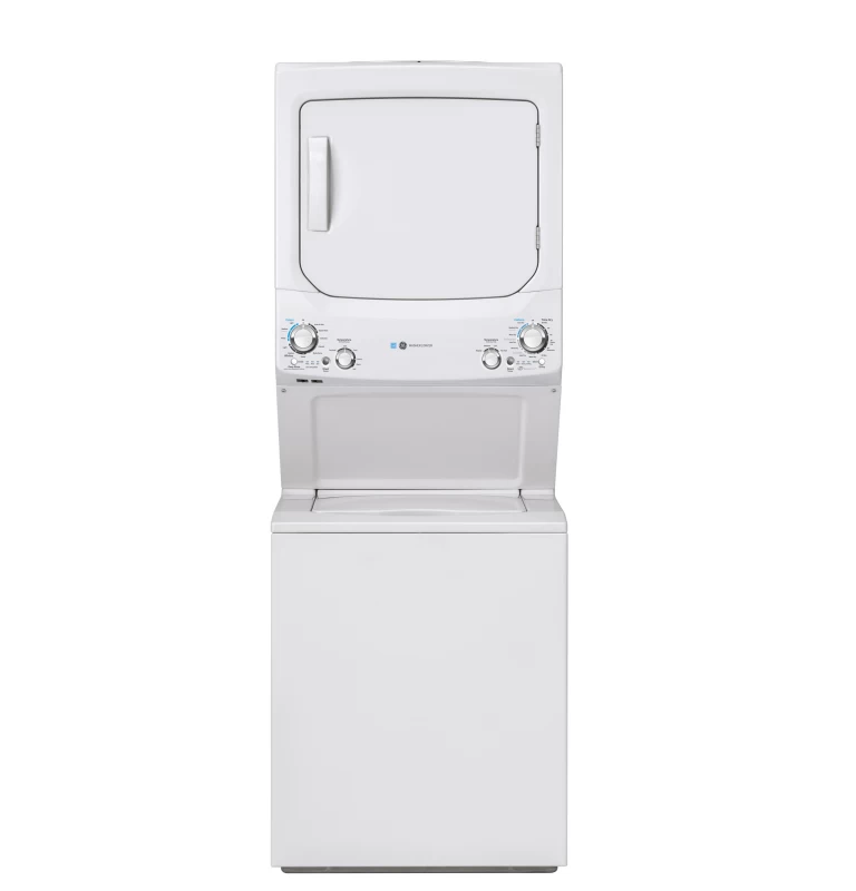 GE Unitized Spacemaker 3.9 cu. ft. Capacity Washer with Stainless Steel Basket and 5.9 cu. ft. Capacity Gas Dryer White GUD27GESNWW Picture 1