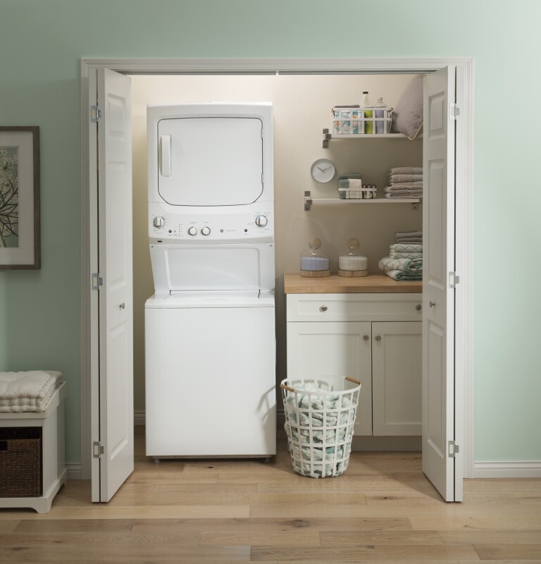 Unitized Spacemaker 3.8 cu. ft. Capacity Washer with Stainless Steel Basket and 5.9 cu. ft. Capacity Long Vent Electric Dryer GUV27ESSMWW