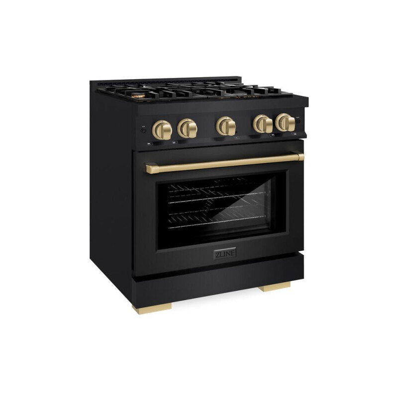ZLINE Autograph Edition 30 in. 4.2 cu. ft. Select Dual Fuel Range with 4 Burner Gas Cooktop and Electric Convection Oven in Black Stainless Steel with Champagne Bronze Accents (HDRBZ-30-CB) H