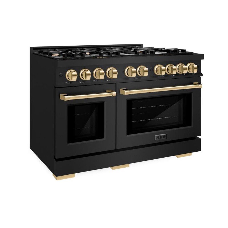 ZLINE Autograph Edition 48 in. 6.7 cu. ft. Select Double Oven Dual Fuel Range with 8 Burner Gas Cooktop in Black Stainless Steel and Polished Gold Accents (HDRBZ-48-G) HDRBZ48G