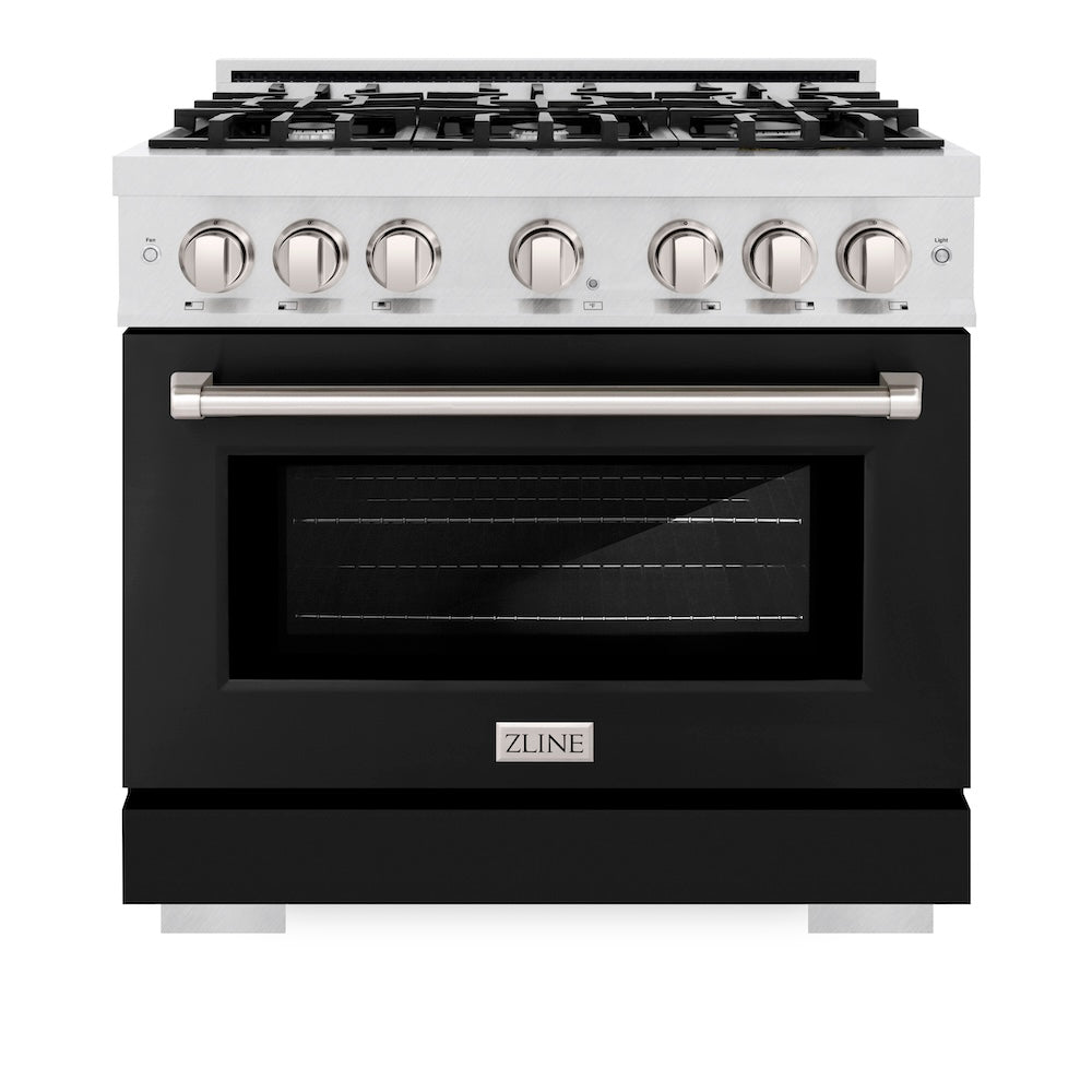 ZLINE 36 in. 5.2 cu. ft. Select Dual Fuel Range with 6 Burner Gas Cooktop and Electric Convection Oven in DuraSnow® Stainless Steel with Black Matte Door (HDRS-BLM-36) HDRSBLM36