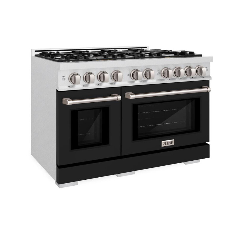 ZLINE 48 in. 6.7 cu. ft. Select Double Oven Dual Fuel Range with 8 Burner Gas Cooktop in DuraSnow® Stainless Steel with Black Matte Doors (HDRS-BLM-48) HDRSBLM48