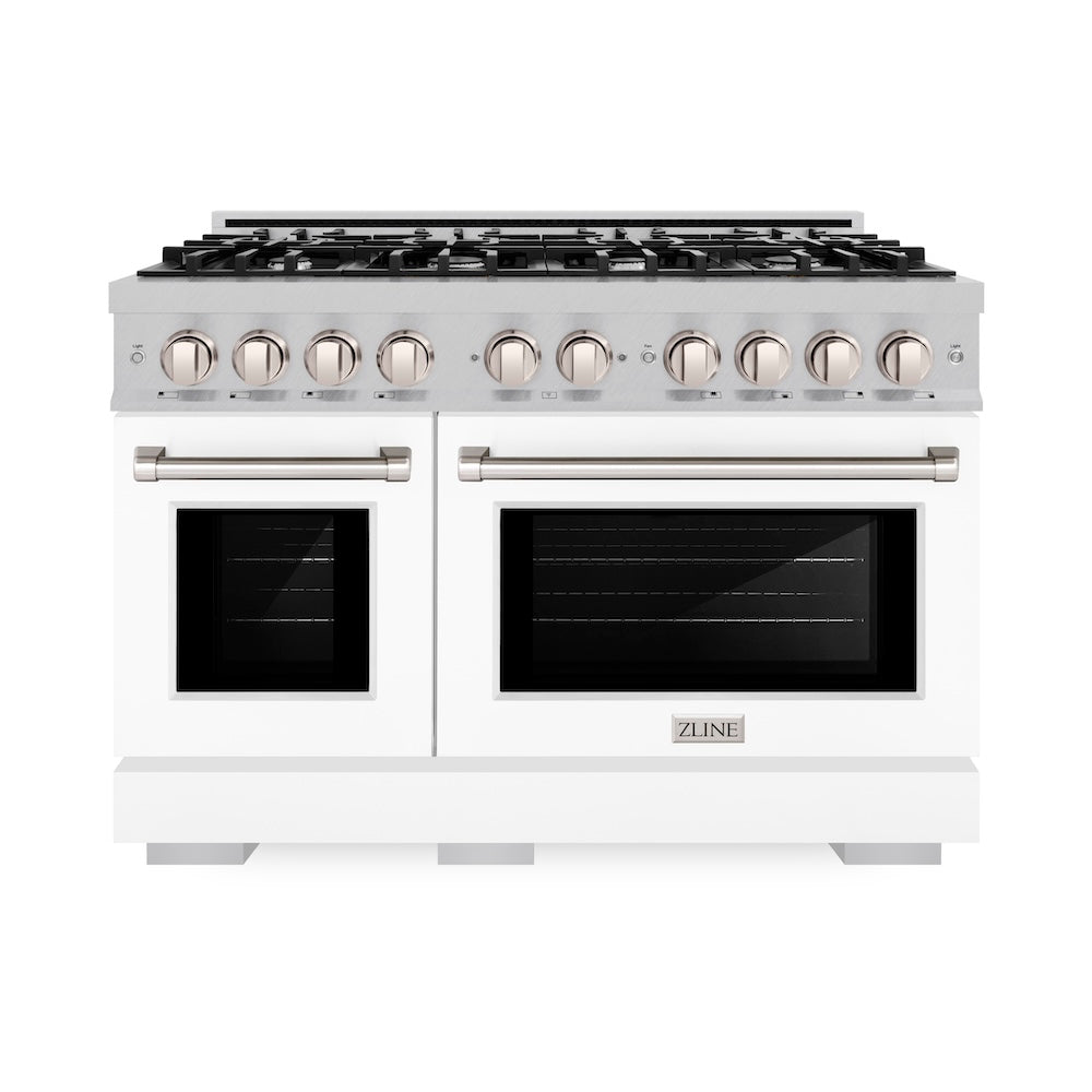 ZLINE 48 in. 6.7 cu. ft. Select Double Oven Dual Fuel Range with 8 Burner Gas Cooktop in DuraSnow® Stainless Steel with White Matte Doors (HDRS-WM-48) HDRSWM48