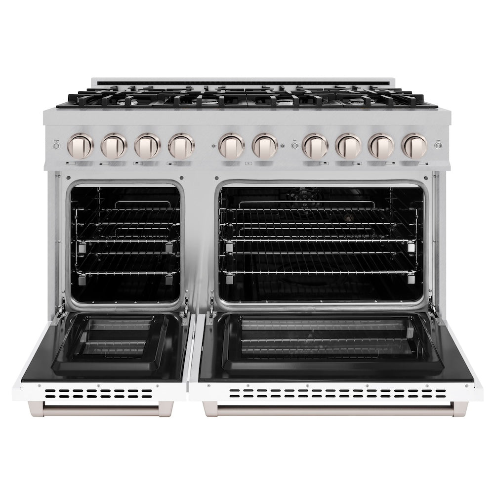 ZLINE 48 in. 6.7 cu. ft. Select Double Oven Dual Fuel Range with 8 Burner Gas Cooktop in DuraSnow® Stainless Steel with White Matte Doors (HDRS-WM-48) HDRSWM48