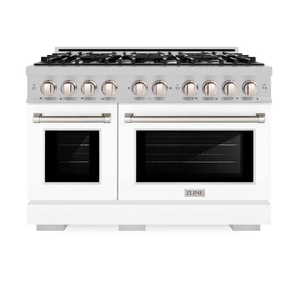 ZLINE 48 in. 6.7 cu. ft. Select Double Oven Dual Fuel Range with 8 Burner Gas Cooktop in DuraSnow® Stainless Steel with White Matte Doors (HDRS-WM-48) HDRSWM48