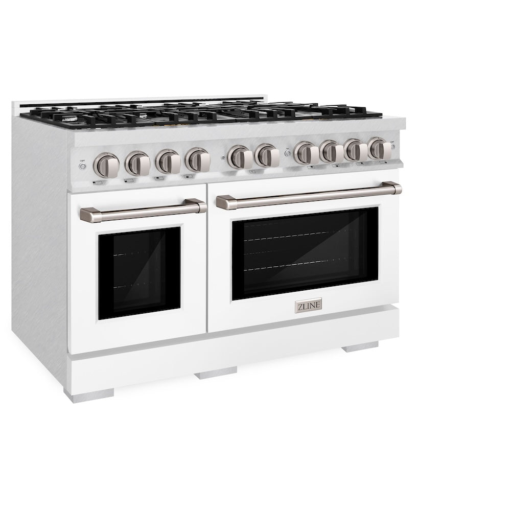 ZLINE 48 in. 6.7 cu. ft. Select Double Oven Dual Fuel Range with 8 Burner Gas Cooktop in DuraSnow® Stainless Steel with White Matte Doors (HDRS-WM-48) HDRSWM48