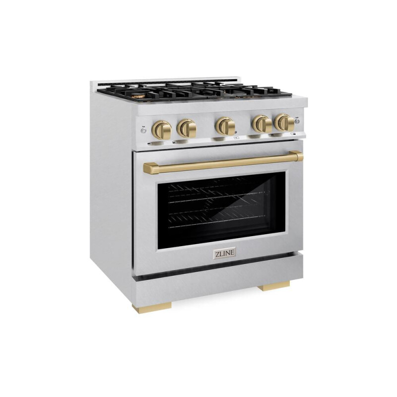 ZLINE Autograph Edition 30 in. 4.2 cu. ft. Select Dual Fuel Range with 4 Burner Gas Cooktop and Electric Convection Oven in DuraSnow® Stainless Steel with Champagne Bronze Accents (HDRSZ-30-C