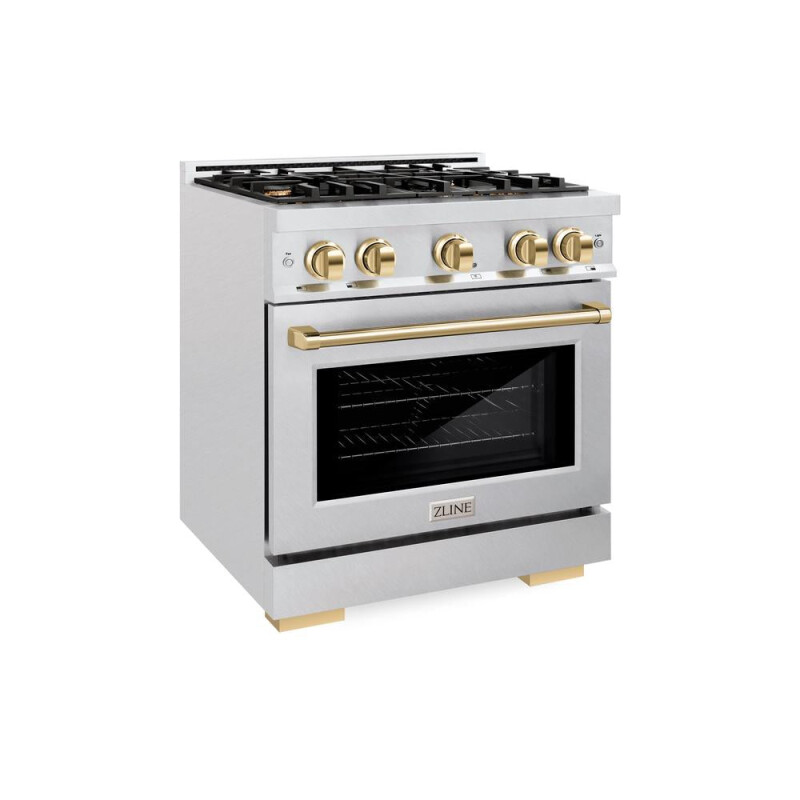 ZLINE Autograph Edition 30 in. 4.2 cu. ft. Select Dual Fuel Range with 4 Burner Gas Cooktop and Electric Convection Oven in DuraSnow® Stainless Steel with Polished Gold Accents (HDRSZ-30-G) H