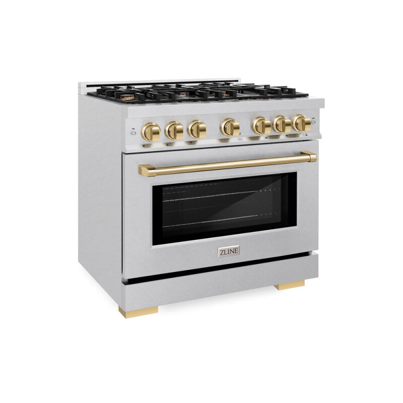 ZLINE Autograph Edition 36 in. 5.2 cu. ft. Select Dual Fuel Range with 6 Burner Gas Cooktop and Electric Convection Oven in DuraSnow® Stainless Steel with Polished Gold Accents (HDRSZ-36-G) H