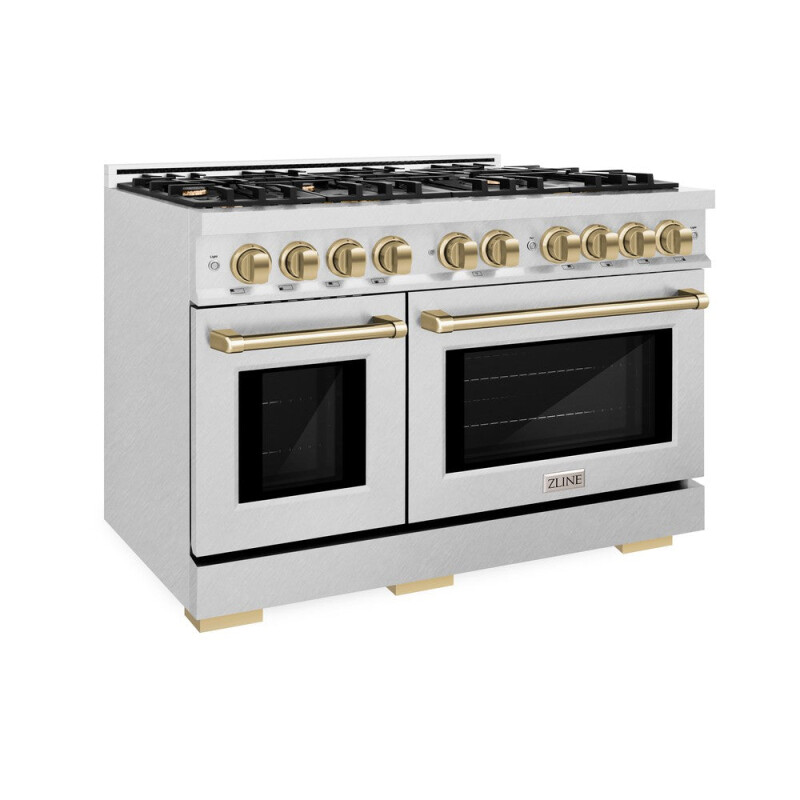 ZLINE Autograph Edition 48 in. 6.7 cu. ft. Select Double Oven Dual Fuel Range with 8 Burner Gas Cooktop in DuraSnow® Stainless Steel and Champagne Bronze Accents (HDRSZ-48-CB) HDRSZ48CB