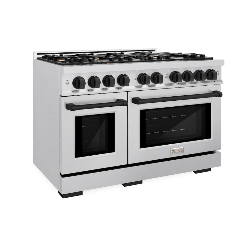 ZLINE Autograph Edition 48 in. 6.7 cu. ft. Select Double Oven Dual Fuel Range with 8 Burner Gas Cooktop in DuraSnow® Stainless Steel and Matte Black Accents (HDRSZ-48-MB) HDRSZ48MB