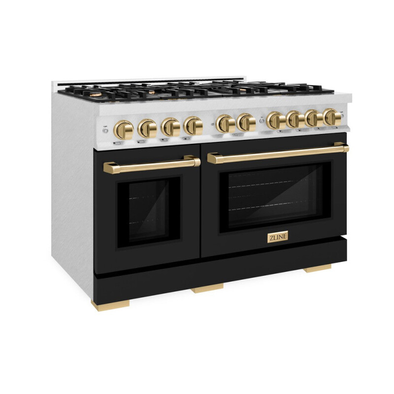 ZLINE Autograph Edition 48 in. 6.7 cu. ft. Select Double Oven Dual Fuel Range with 8 Burner Gas Cooktop in DuraSnow® Stainless Steel with Black Matte Doors and Polished Gold Accents (HDRSZ-BL