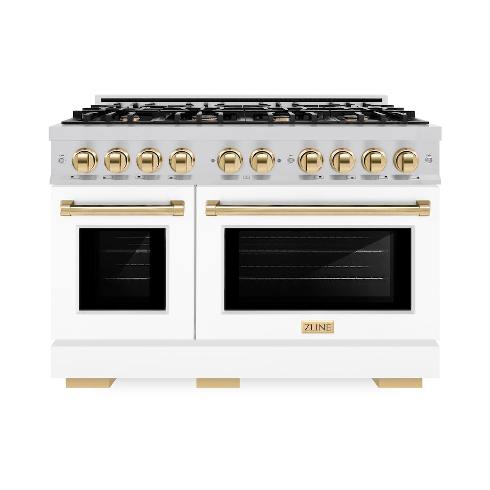 ZLINE Autograph Edition 48 in. 6.7 cu. ft. Select Double Oven Dual Fuel Range with 8 Burner Gas Cooktop in DuraSnow® Stainless Steel with White Matte Doors and Polished Gold Accents (HDRSZ-WM HDRSZWM48G