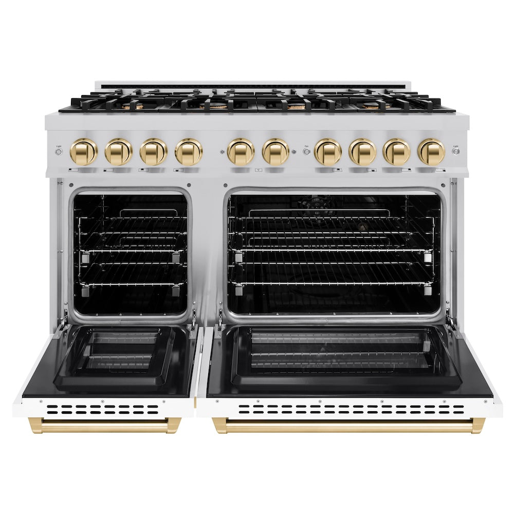 ZLINE Autograph Edition 48 in. 6.7 cu. ft. Select Double Oven Dual Fuel Range with 8 Burner Gas Cooktop in DuraSnow® Stainless Steel with White Matte Doors and Polished Gold Accents (HDRSZ-WM HDRSZWM48G