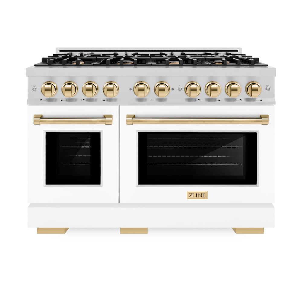 ZLINE Autograph Edition 48 in. 6.7 cu. ft. Select Double Oven Dual Fuel Range with 8 Burner Gas Cooktop in DuraSnow® Stainless Steel with White Matte Doors and Polished Gold Accents (HDRSZ-WM HDRSZWM48G